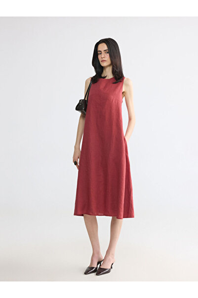 LC Waikiki Burgundy Crew Neck Linen Dress