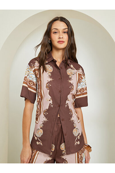 Styli Brown Scarf Print Short Sleeve Shirt