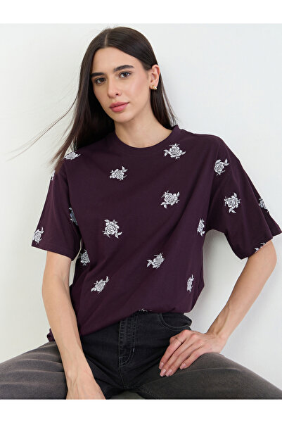 Styli Purple Oversized Rose Floral Embroidered 100% Cotton T- Shirt