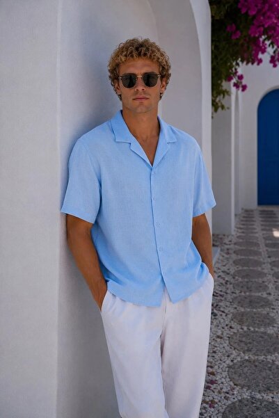 MADZEYMODA Men's Short Sleeve Muslin Shirt with Apaş Collar, Comfortable Fit,...