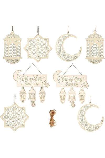 Mikqky 8 Pieces Ramadan Wooden Pendant For Ramadan Kareem Cable Ornament Pend...