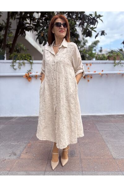 DenizEge Italian Embossed Embroidered Long Dress Beige
