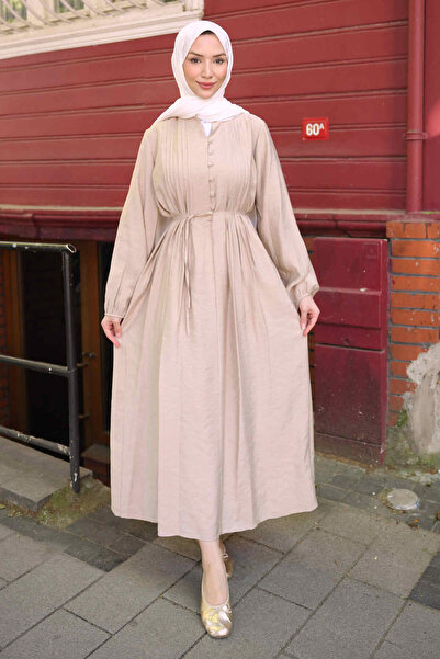 İmajButik Beige Waist-Tie Buttoned Dress