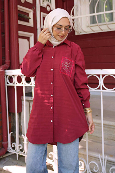 İmajButik Бордо риза от модал с копчета и каменни елементи