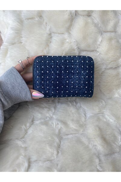 Kadın Taşlı Koyu Mavi Denim Cüzdan