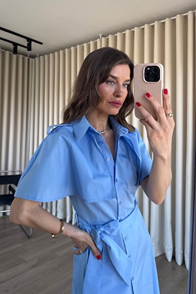 Sue Store Bebe Mavisi Pelerinli Kemerli Gömlek Elbise