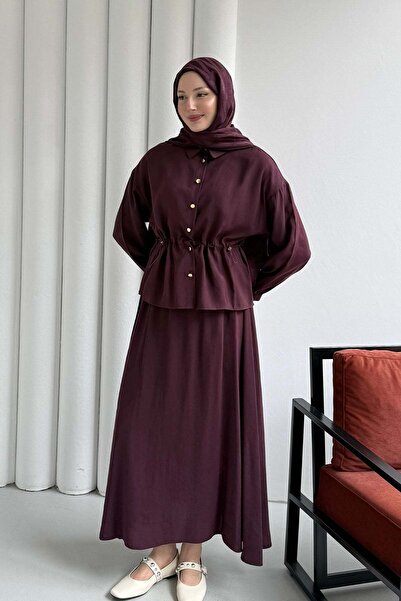 Modaensarbutik Gold Düğmeli Belden Sıkmalı Etekli Tesettür Takım-MÜRDÜM