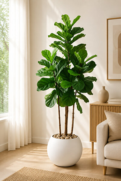 TrentonGCC Artificial Fiddle Leaf Fig Plant in Modern Round Pot – Premium Ind...