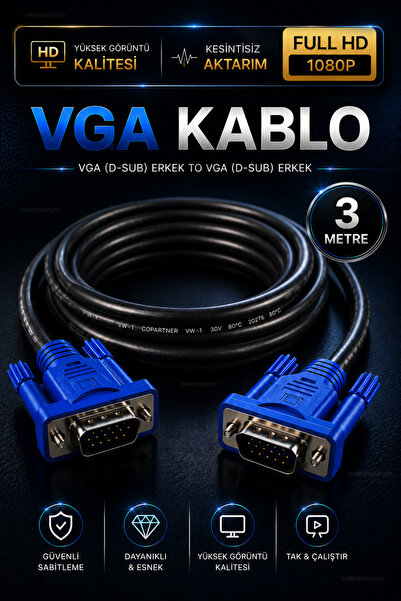 nelerbulurum Yüksek Kaliteli 3 Metre VGA Kablo 1.5 Metre Erkek Erkek Monitör ...