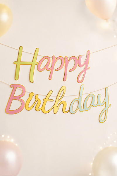 Bunloon Kaligrafi Gold Yaldızlı Happy Birthday Yazılı Doğum Günü Banner Süsü