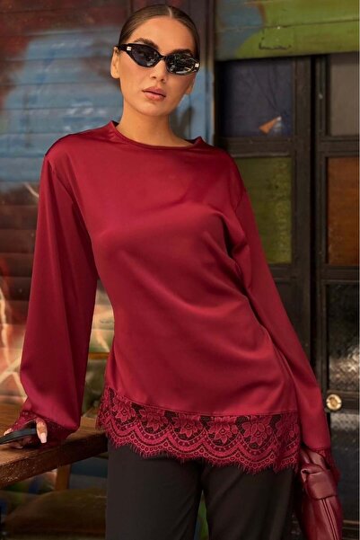 Madmext Burgundy Asymmetrical Ruched Long Sleeve Satin Blouse Mg2799