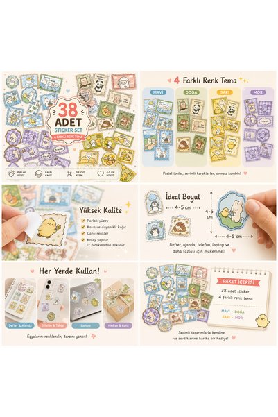 BieneGift 38 Pieces Pastel Kawaii Sticker Set Large Size, 4 Colors Kawaii Sticker Set 38 Pieces |   Die-Cut Full-Cut Thick Glossy Sticker |   Notebook Agenda Phone Laptop Decoration