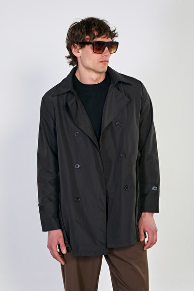 BARRELS AND OIL Men's Belted Buttoned Trench Coat - Black