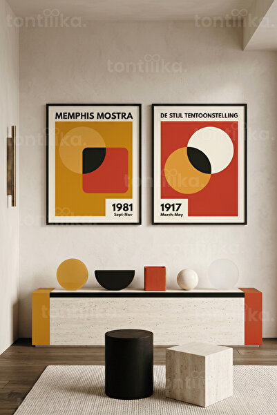 Tontilika Ρετρό Γεωμετρικό Σετ 2 Τραπεζιών με Ξύλινο Πλαίσιο