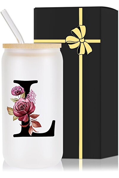 NASAQ Monogrammed Glass Drinking Cup With Lid Straw ,letter l
