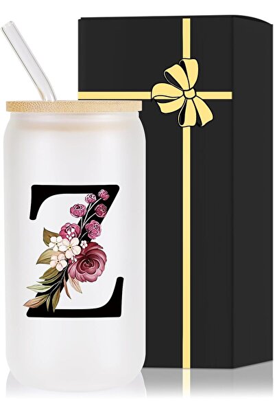 NASAQ Monogrammed Glass Drinking Cup With Lid Straw , letter z
