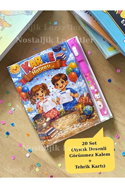 Nostaljik Lezzetler Karne Hediyesi 20 Set Ayıcık Desenli Görünmez Kalem ve Te...