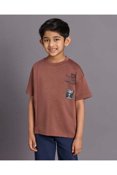 REDTAG Boys Brown Printed Scuba Fabric T-shirt
