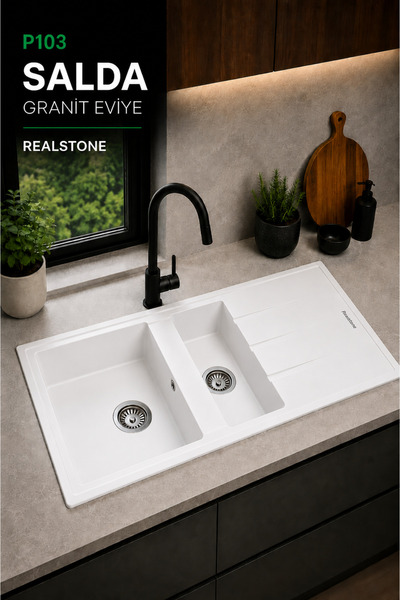 RealStone P013 Salda 1,5 Gözlü Granit Mutfak Eviyesi Beyaz 100 x 50 Cm