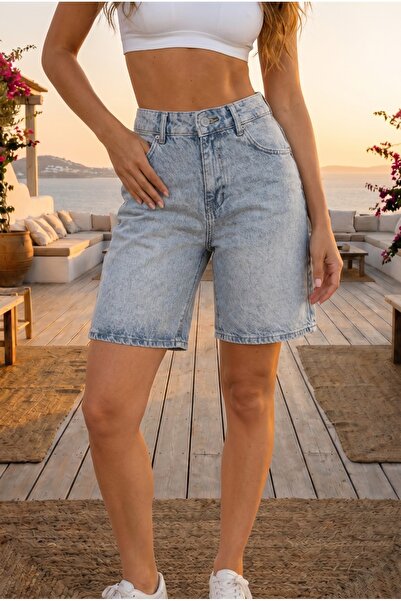 BİKELİFE Women's Vintage Effect High Waist 5-Pocket Straight Fit Shorts Jeans