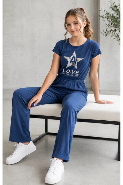 Yalçınoğlu Kids Girl's Comfortable Cut Jumpsuit Navy Blue 6-16 Years Old I Daily Summer Jumpsuit I Girl's L.O.V.E Printed I Girl's Set (Buy One Size up)