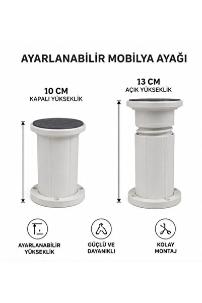 Kenzlife mobilya dolap kanepe baza ayağı ayarlı beyaz plastik 04 adet 10 cm y...