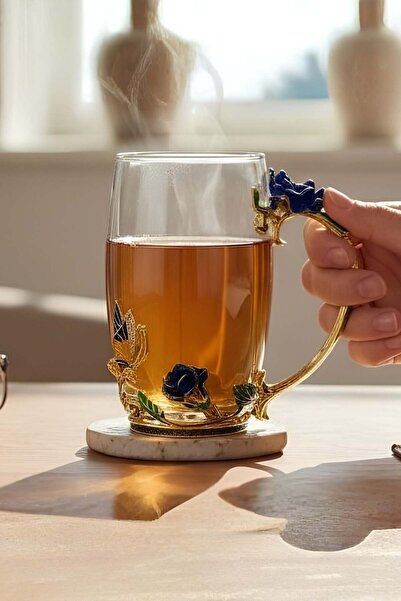 RUBİ PORSELEN Metal Handle Flower Patterned Glass Mug
