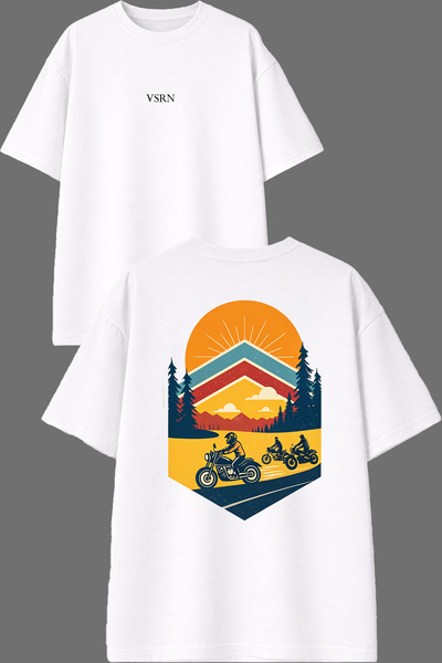 VSRN Sunset Motor Tour Design Front and Back Printed White Oversize T-Shirt