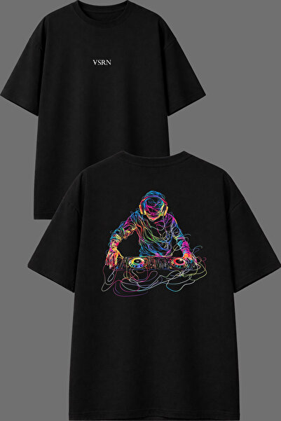 VSRN Çizgili Dj Tasarım Ön Arka Baskılı Siyah Oversize T shirt