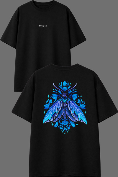 VSRN Tricou oversize negru cu imprimeu în față și în spate, cu design fluture...