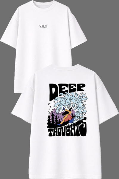 VSRN تي شيرت أبيض كبير الحجم مطبوع من الأمام والخلف من Deer Thoughts Design