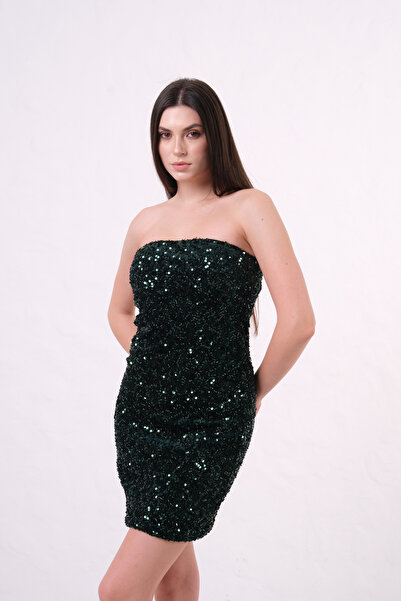 auraandmore KELSEY IŞILTILI PAYET VE BONCUKLU STRAPLEZ ELBİSE