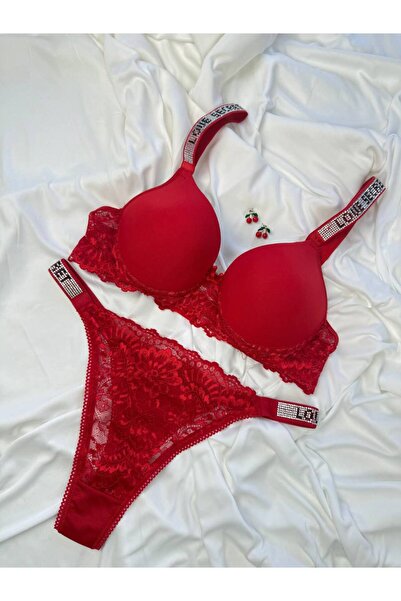 İNKO İÇ GİYİM Micro Lace Detailed Stoned Padded Support Bra and Thong Set