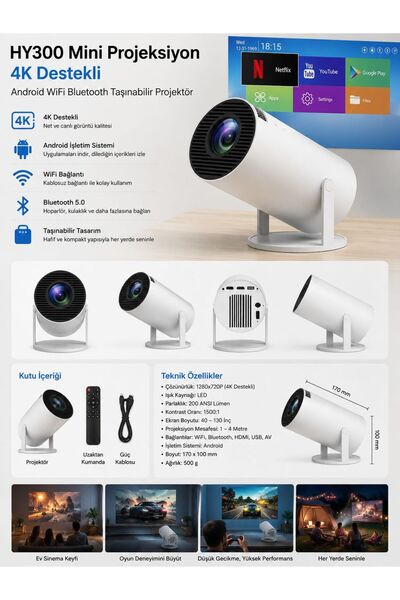 Line Mini Projeksiyon Cihazı 4K Destekli – Android WiFi Bluetooth Taşınabilir...