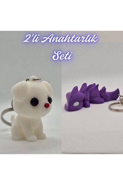 3DAtölyeMaker White Knitted Patterned Dog and Purple Flexible Dragon Keychain