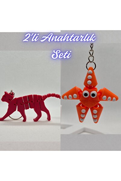 3DAtölyeMaker Fire Engine Red Flexible Cat and Orange Moving Starfish Keychain
