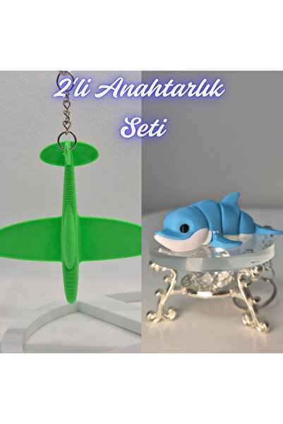 3DAtölyeMaker Green Airplane and Light Blue Flexible Colorful Dolphin Keychain