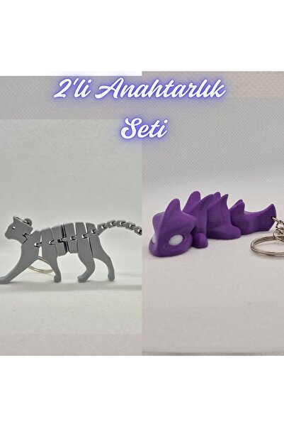 3DAtölyeMaker Silver Flexible Cat and Purple Flexible Dragon Keychain