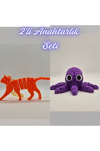 3DAtölyeMaker Orange Flexible Cat and Purple Knitted Pattern Octopus Keychain