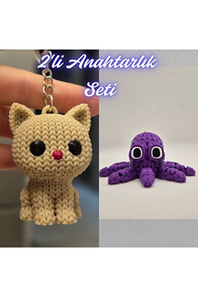 3DAtölyeMaker Cream Knitted Patterned Cat and Purple Knitted Pattern Octopus ...