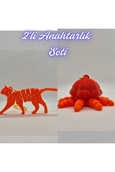 3DAtölyeMaker Orange Flexible Cat and Orange Moving Jellyfish Keychain