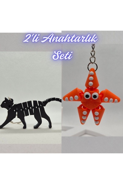 3DAtölyeMaker Black Flexible Cat and Orange Moving Starfish Keychain