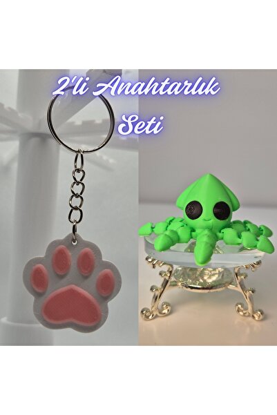 3DAtölyeMaker Light Pink Cat Paw and Light Green Squid Keychain