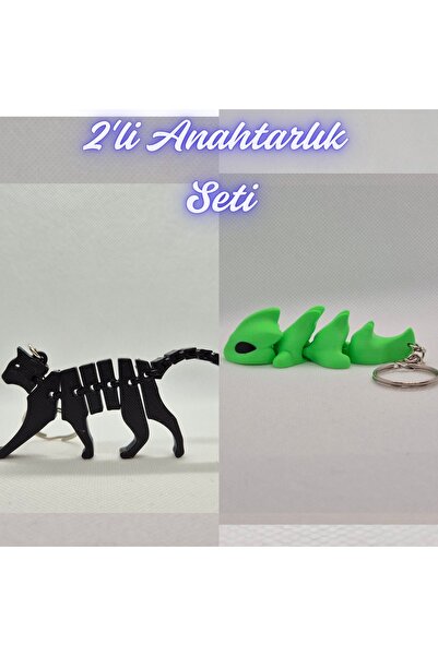 3DAtölyeMaker Black Flexible Cat and Green Flexible Dragon Keychain