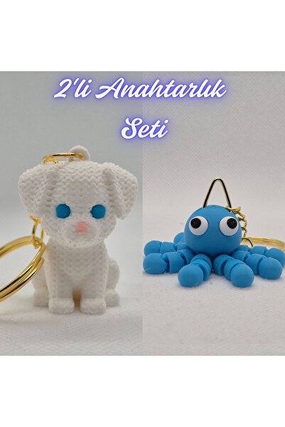3DAtölyeMaker White Knitted Pattern Dog-2 and Light Blue Confused Octopus Key...