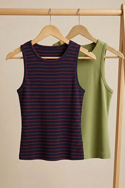 COTENCONCEPT 2 Pieces of Ribbed Fitted Viscose Blended Strappy T-Shirt