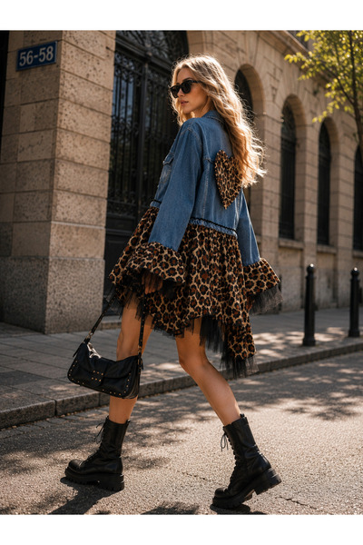 NA ADDESIGN Limited Edition Leopard Heart Detailed Tulle Flounce Design Denim...