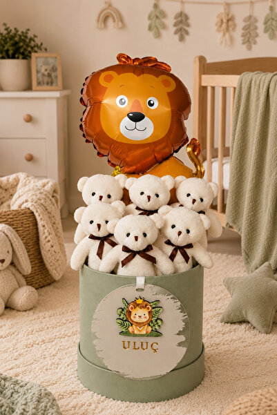 Livra Gift İsme Özel Aslan Temalı Erkek Bebek Hediye Kutusu Peluş Ayıcıklı Ba...
