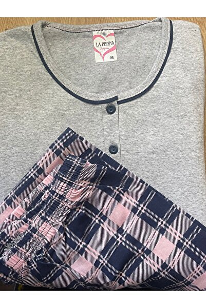 Serena Pijama damă din bumbac mânecă scurtă și pantaloni lungi gri cu roz