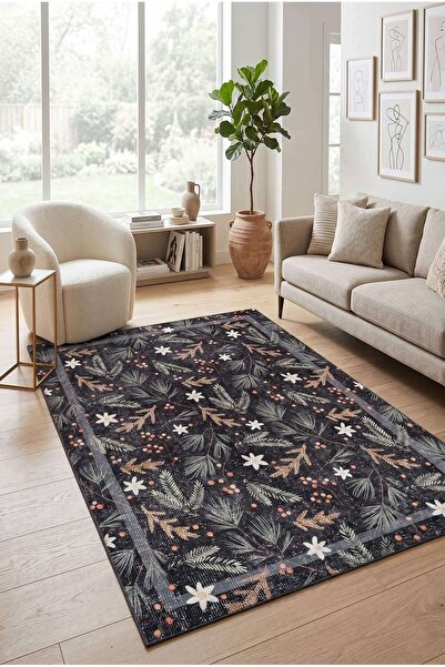 ARTLOOP Florart Siyah Çiçek Desenli Dokuma Tabanlı Modern Şönil Halı AL 535